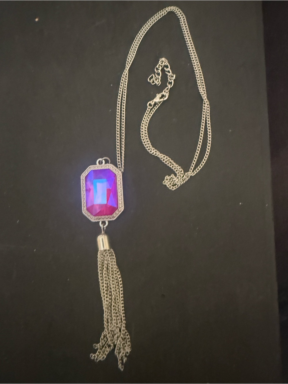 Silver Tassel Necklace with Iridescent Purple Pendant - Women Jewelry